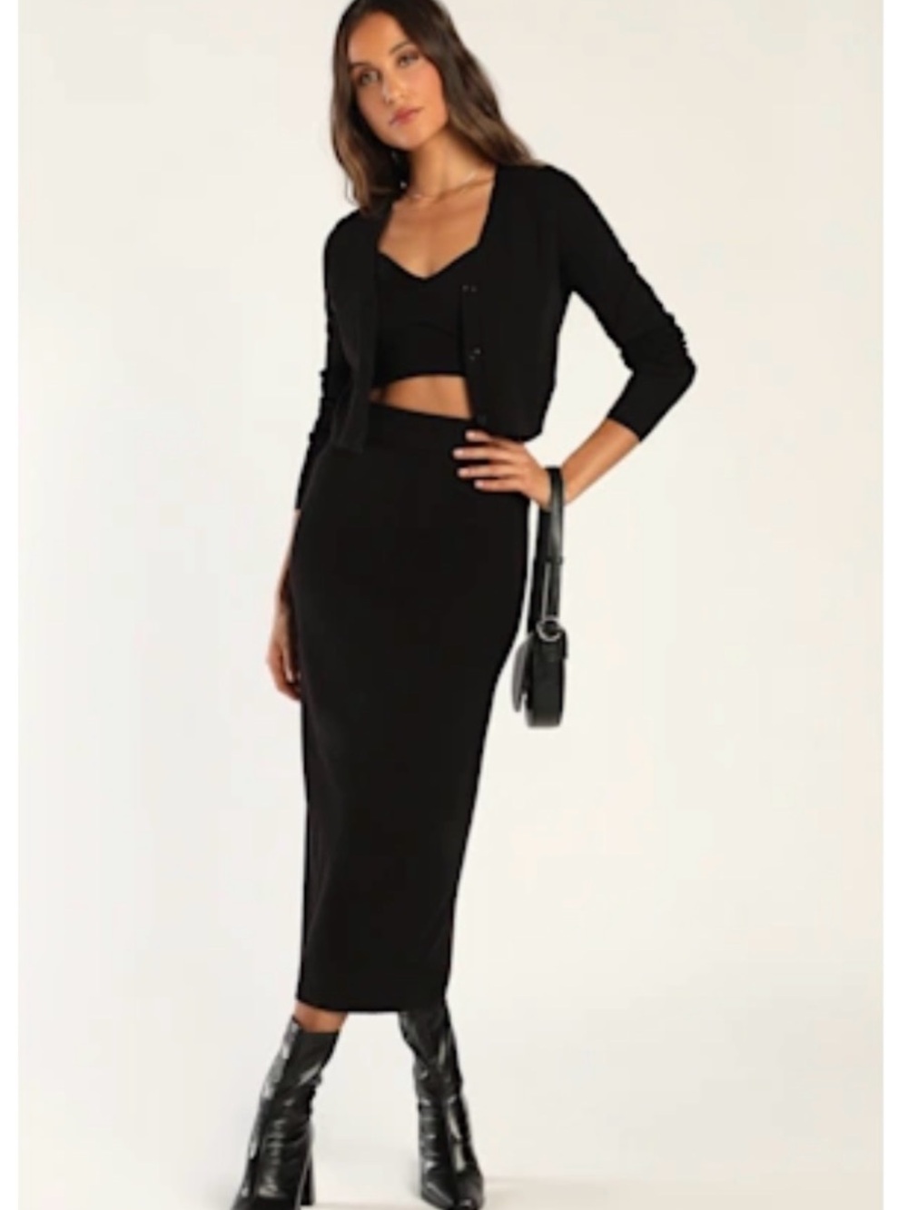 Lulu's Black Knit Set- Midi skirt, top, and cardigan